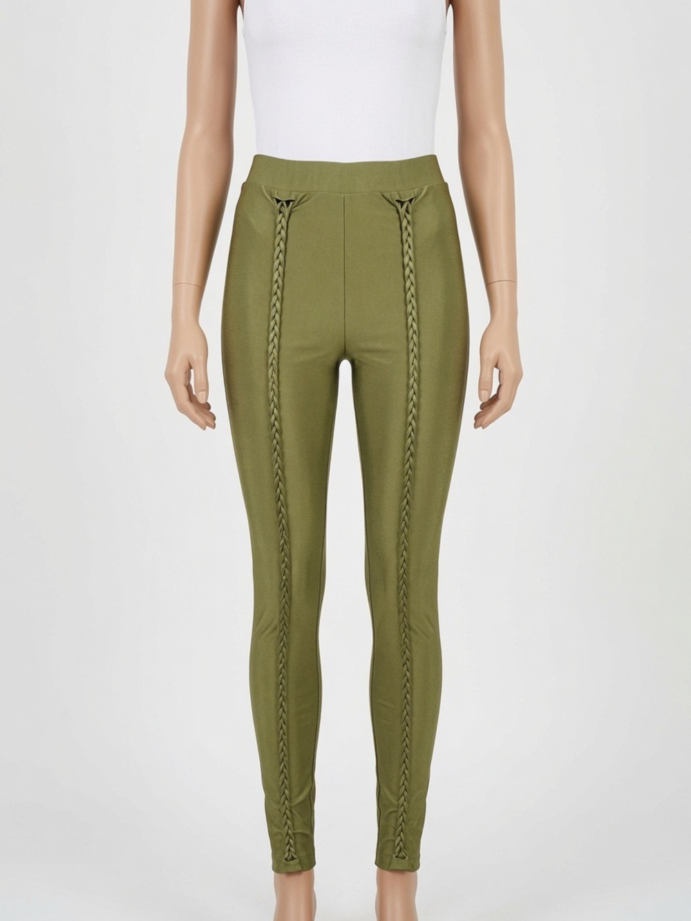 Olive Green High-Waist Braided Seam Leggings